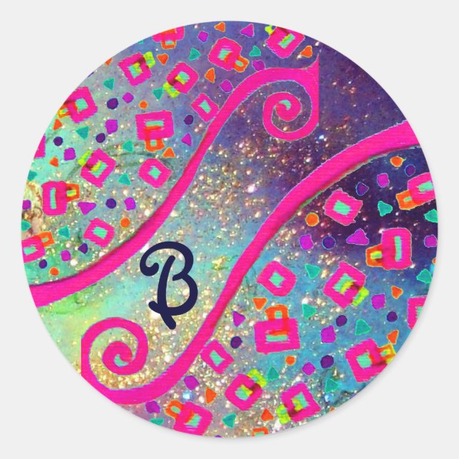 Pegatina Redonda ABSTRACTO DECO MONOGRAM Pink Fuchsia Blue Swirls (Anverso)