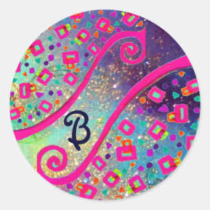 Pegatina Redonda ABSTRACTO DECO MONOGRAM Pink Fuchsia Blue Swirls