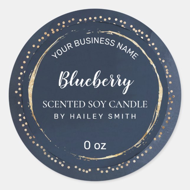 Pegatina Redonda Abstracto Vela De Soja Azul Y Oro (Anverso)