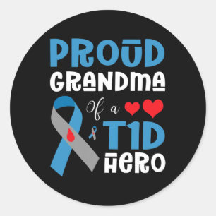 Pegatina Redonda Abuela Orgullosa De Un Héroe De La T1d Con Diabete