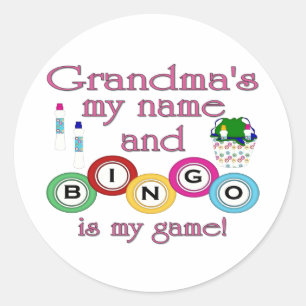 Pegatina Redonda Abuelas mi nombre Bingo es mi juego