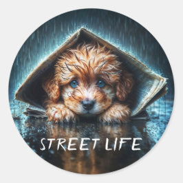 Pegatina Redonda Abundante cachorro húmedo buscando calidez y comod