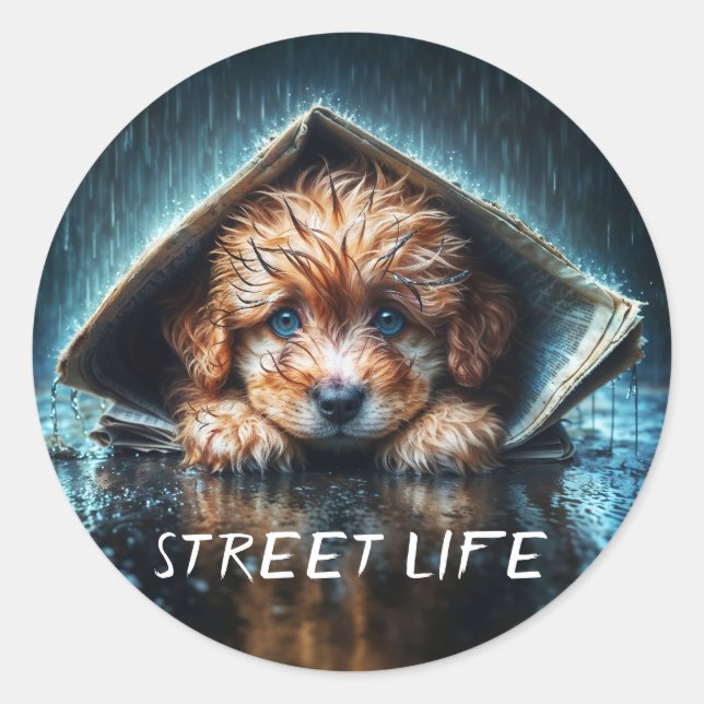 Pegatina Redonda Abundante cachorro húmedo buscando calidez y comod (Anverso)