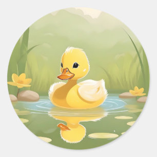 Pegatina Redonda Aburrido Duckling amarillo en un día tranquilo