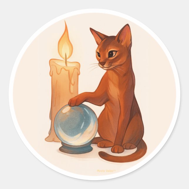 Pegatina Redonda Abyssinian cat with silver crystal ball (Anverso)