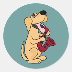 Pegatina Redonda AC- Perro cachorro jugando Personalizado saxofón