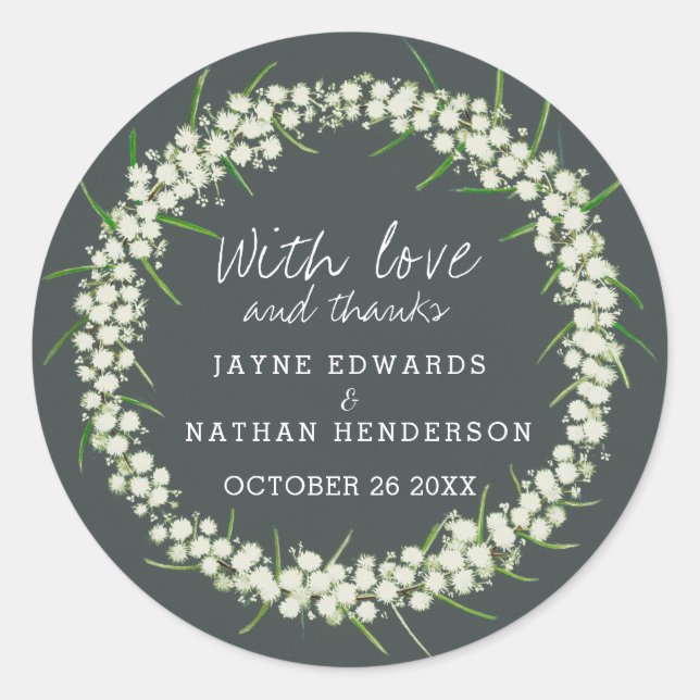 Pegatina Redonda Acacia crema flor acuarela arte gracias favor (Anverso)