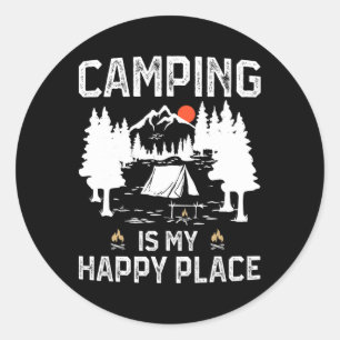 Pegatina Redonda Acampar es mi lugar feliz divertido campista bosqu