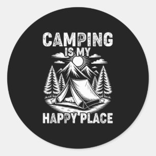 Pegatina Redonda Acampar es un lugar feliz, campista divertido, bos