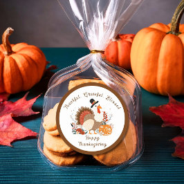 Pegatina Redonda Acción De Gracias Turquía Con Calabazas Y Salida D