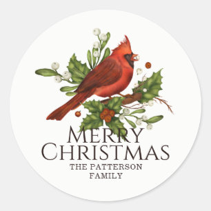 Pegatina Redonda Acebo de Cardenal Rojo Navidad Nombre Personalizad
