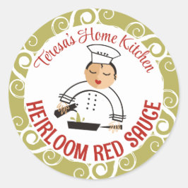 Pegatina Redonda Aceite de oliva mujer cocina del chef y etiquetas