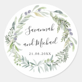 Pegatina Redonda Aceite de oliva pintado delgado y hojas monograma 