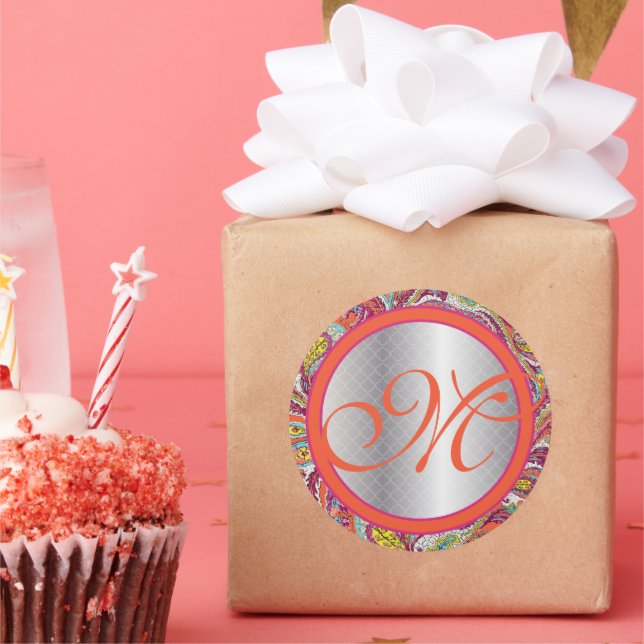 Pegatina Redonda Acentos plateados Peacock Paisley Tangerine Fuchsi (Fiesta)