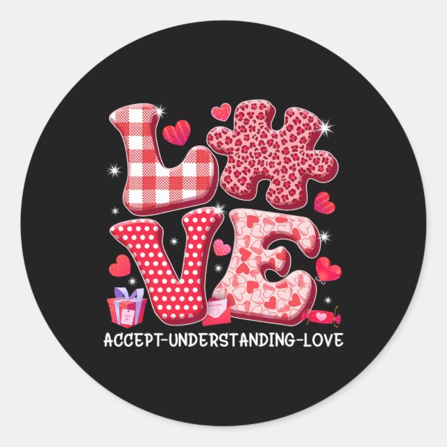 Pegatina Redonda Acepta Entiende Ama Conciencia del Autismo San Val (Anverso)
