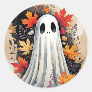 Pegatina Redonda Acogedor Fantasma De Otoño - Kawaii Halloween acua