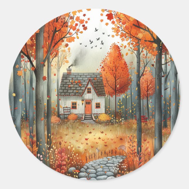 Pegatina Redonda Acogedor Ilustracion forestal de otoño en la Casa  (Anverso)