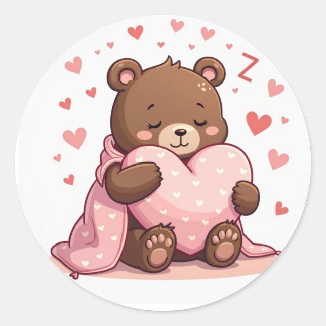 Pegatina Redonda Acogedor oso oso somnoliento con diseño de Kawaii  (Anverso)