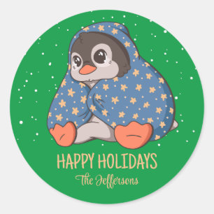 Pegatina Redonda Acogedor pingüino Navidad animal en vacaciones de