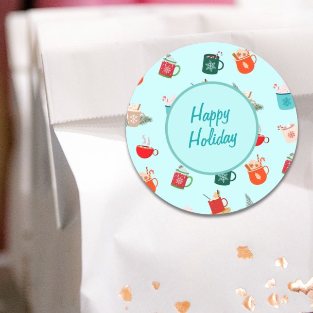 Pegatina Redonda Acogedora fiesta de chocolate caliente de lata de  (Cozy winter latte hot chocolate festive holiday classic round sticker)