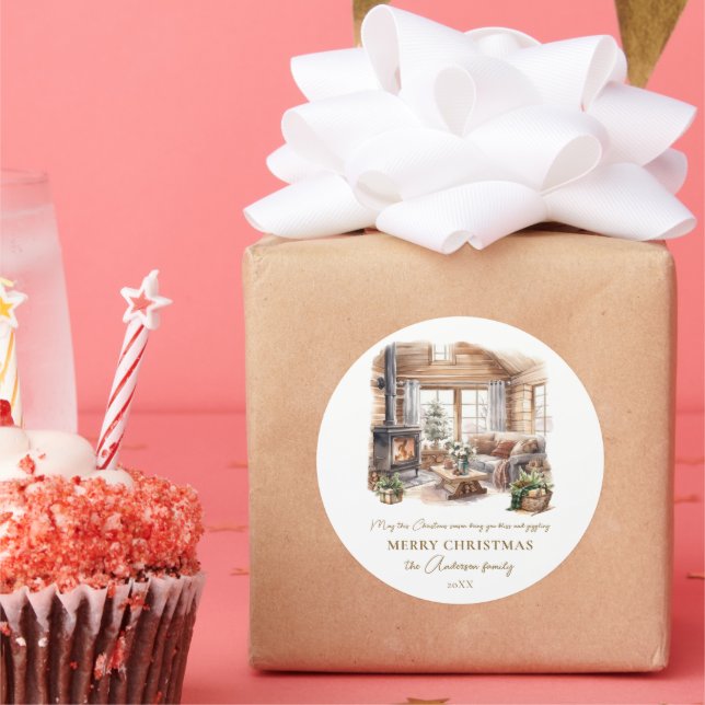 Pegatina Redonda Acogedores Navidades hogar chimenea personalizada (Fiesta)