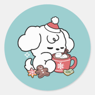 Pegatina Redonda Acogedores sueños de cachorro - chocolate caliente