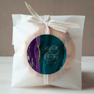 Pegatina Redonda Acuarela Agate Script Purple Gold Boda Verde azula