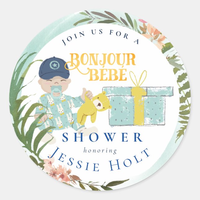 Pegatina Redonda Acuarela Aqua Bonjour Boy BabyClassic Ronda (Anverso)
