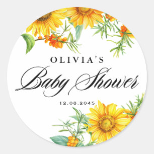 Pegatina Redonda Acuarela Baby Shower de Girasoles y Espino Amarill