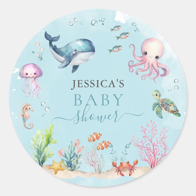 Pegatina Redonda Acuarela Bajo El Baby Shower Animal Sea Ocean (Anverso)