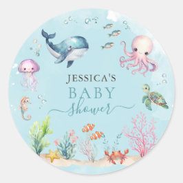 Pegatina Redonda Acuarela Bajo El Baby Shower Animal Sea Ocean