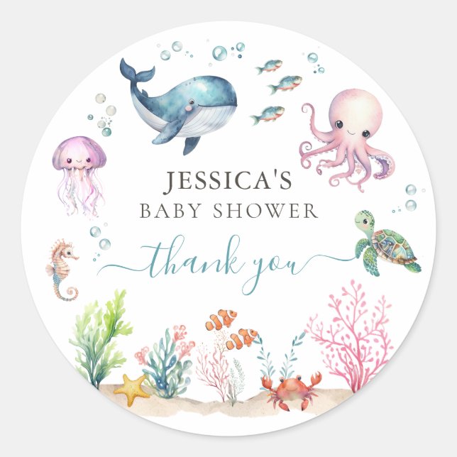 Pegatina Redonda Acuarela bajo el mar Baby Shower Gracias (Anverso)