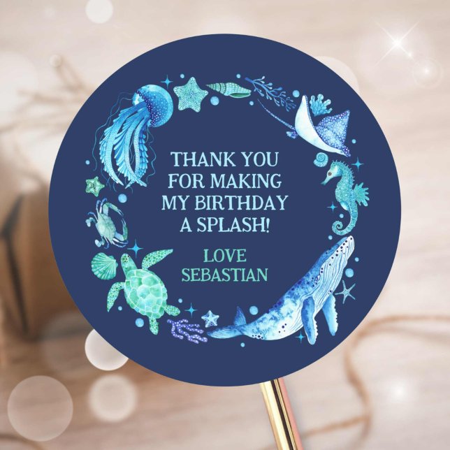 Pegatina Redonda Acuarela bajo el mar Gracias animales oceánicos (Under the Sea Watercolor Thank You Ocean Animals Classic Round Sticker)