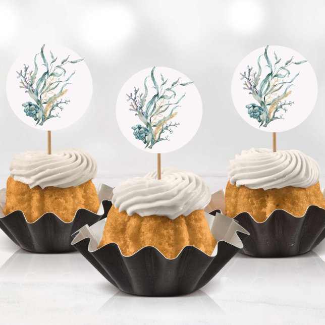 Pegatina Redonda Acuarela bajo el mar Pegatinas de medusas (Stickers being used as cup cake toppers with toothpicks)