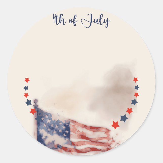 Pegatina Redonda Acuarela Bandera de Estados Unidos y Estrellas (Anverso)