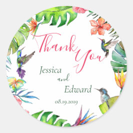 Pegatina Redonda Acuarela Boda tropical floral Gracias