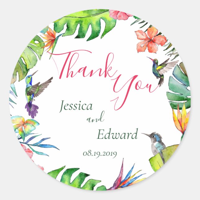 Pegatina Redonda Acuarela Boda tropical floral Gracias (Anverso)
