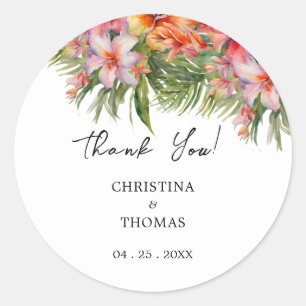 Pegatina Redonda Acuarela Boda tropical Gracias