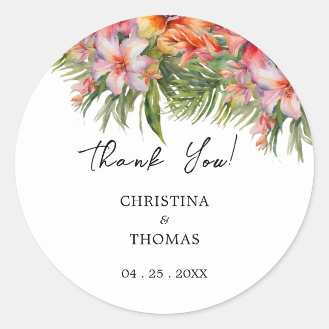 Pegatina Redonda Acuarela Boda tropical Gracias (Anverso)