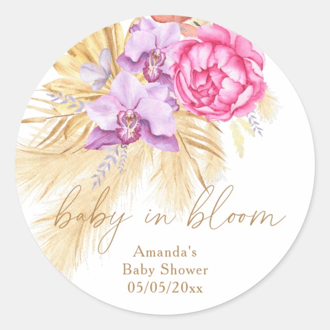 Pegatina Redonda Acuarela boho hierba de pampas - Shower de bebé (Anverso)
