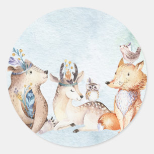 Pegatina Redonda Acuarela Boho Oso Animales Rústicos Baby Shower