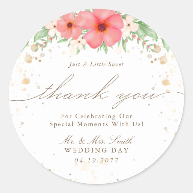 Pegatina Redonda Acuarela Boho Pink & Ivory Floral Gracias (Anverso)