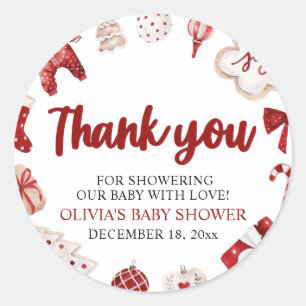 Pegatina Redonda Acuarela Bonito Rojo Navidad Invierno Baby Shower