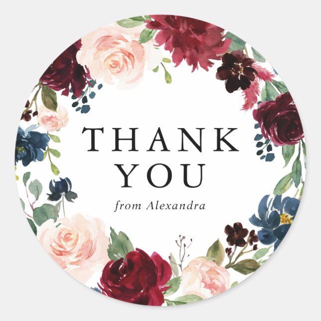 Pegatina Redonda Acuarela Borgoña y Floral Azul Wreath (Anverso)