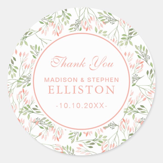 Pegatina Redonda Acuarela Botánica Verde Y Rosa | Gracias (Anverso)