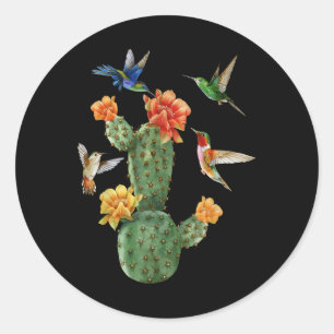 Pegatina Redonda Acuarela Cacti Hummingbird Flor Jardín Botánico