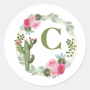 Pegatina Redonda Acuarela Cactus Floral Rosa Personalizada