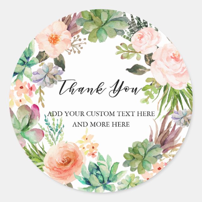 Pegatina Redonda Acuarela Cactus Succulum Personalizado Gracias Cla (Anverso)