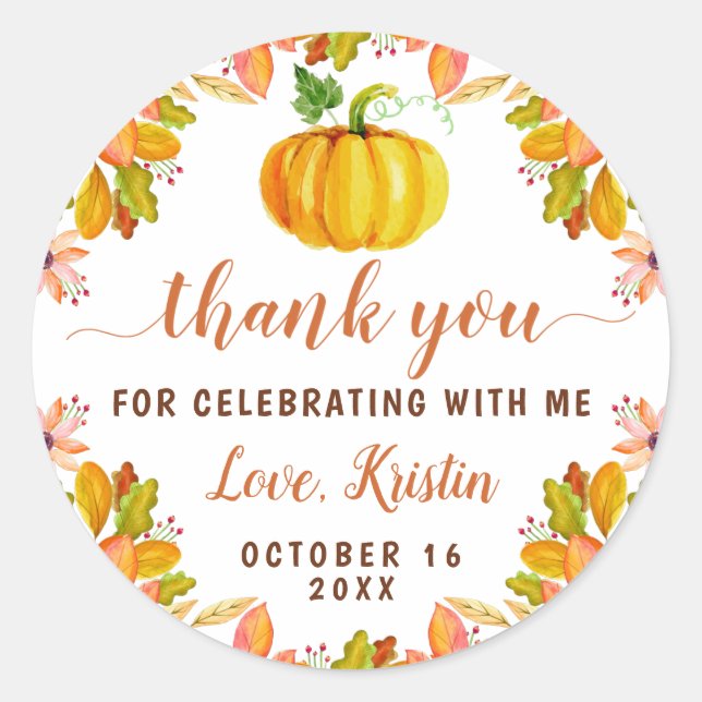 Pegatina Redonda Acuarela Calabaza Floral Otoño Caída Gracias (Anverso)