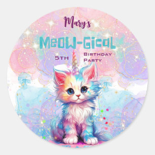Pegatina Redonda Acuarela Caticorn Meow-Gical Cumpleaños